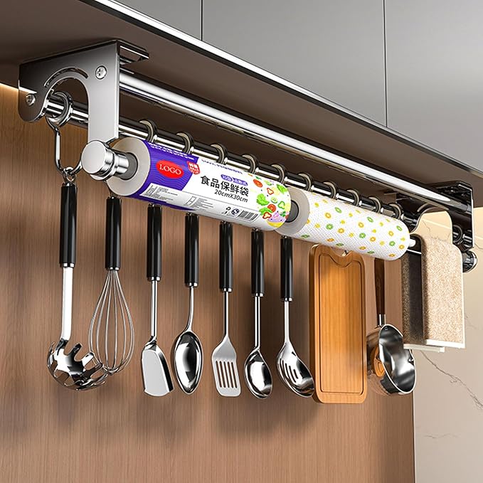 Hanging Wall Mount Knife Wall Mount,Kitchen Utensil Hanger,Space-Saving Kitchen Utensil Rack with Hooks,Kitchen Storage Shelf for Utensils Spatula Spoon, Easy to Clean (Black, 40CM+8Hook)