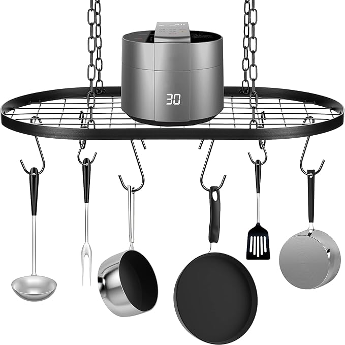 Patelai 20 Inch Pots and Pans Organizer Hanging Rack Pot and Pan Organizer with 20 S Hooks for Home, Restaurant, Kitchen Cookware, Utensils, Books, Household(Black)