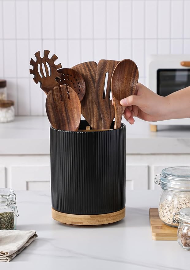 LoeJan 3 Compartment Utensil Holder, Extra Large Utensil Crock, Stable Ceramic Utensil Organizer, Cooking Tool Organizer Set for Kitchen Counter Farmhouse Decor (B-Black(Vertical Stripe))