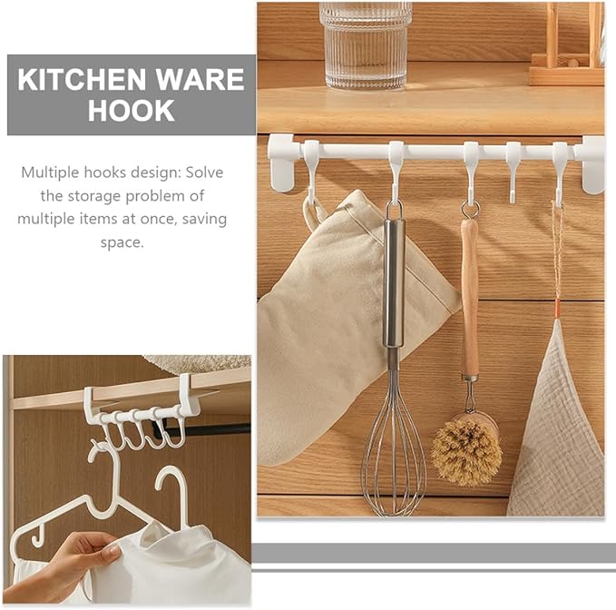 DOITOOL Cabinet Kitchen Utensil Hooks 5pcs Plastic Multi-Function Hanging Rack No Drill Installation White Storage Organizer for Cookware and Sundries