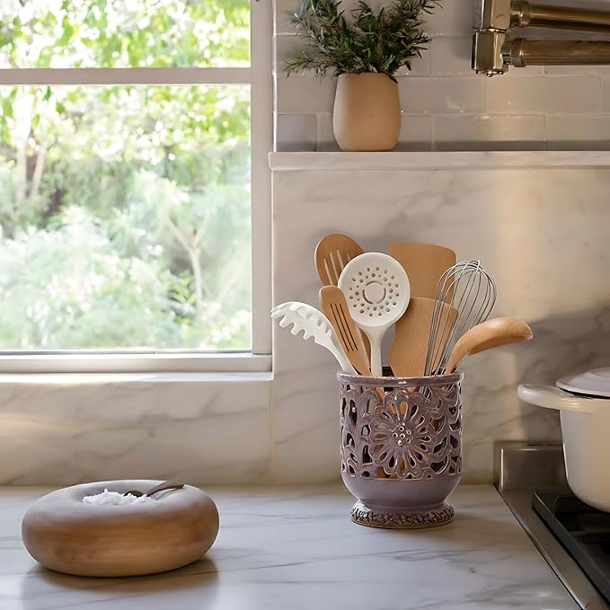 Farmhouse Kitchen Utensil Holder for Countertop, Ceramic Large Cooking Utensil Crock with Cork Mat, Decorative Rustic Utensil Holder for Kitchen Counter, Hollow Carving Flower, Purple