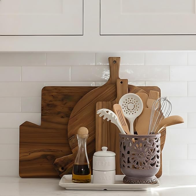 Farmhouse Kitchen Utensil Holder for Countertop, Ceramic Large Cooking Utensil Crock with Cork Mat, Decorative Rustic Utensil Holder for Kitchen Counter, Hollow Carving Flower, Purple