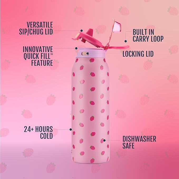 Ello Pop & Fill 32oz Stainless Steel Water Bottle with QuickFill Technology, Double Walled and Vacuum Insulated Metal, Leak Proof Locking Lid, Straw and Chug, Reusable, BPA Free, Strawberries