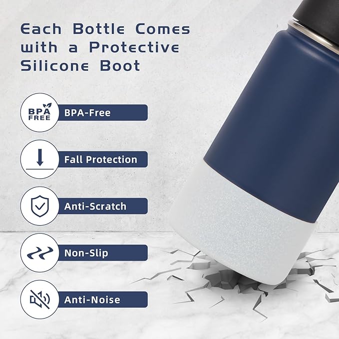 Volhoply 14oz KIds Water Bottle with Straw Lid and Silicone Boot Bulk 2 Pack,Stainless Steel Insulated Cups for Boys & Girls Multipack,Double Wall Vacuum Leakproof Bottles(Navy,2)
