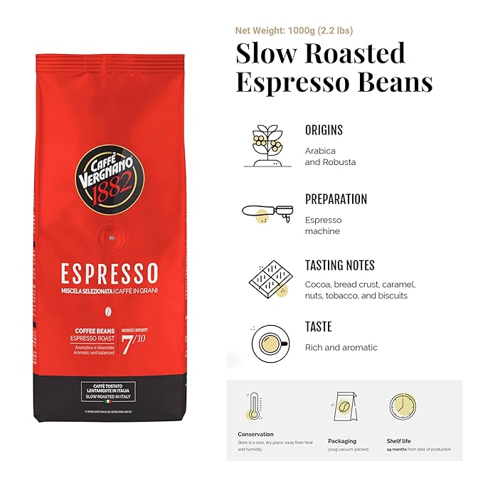 Caffe Vergnano Espresso Beans, Large 2.2lb Bag - Medium Roast Arabica Robusta Coffee Beans, Chocolate & Caramel Notes - Perfect for Expresso Machine, Moka Pot, French Press, Drip Coffee Maker