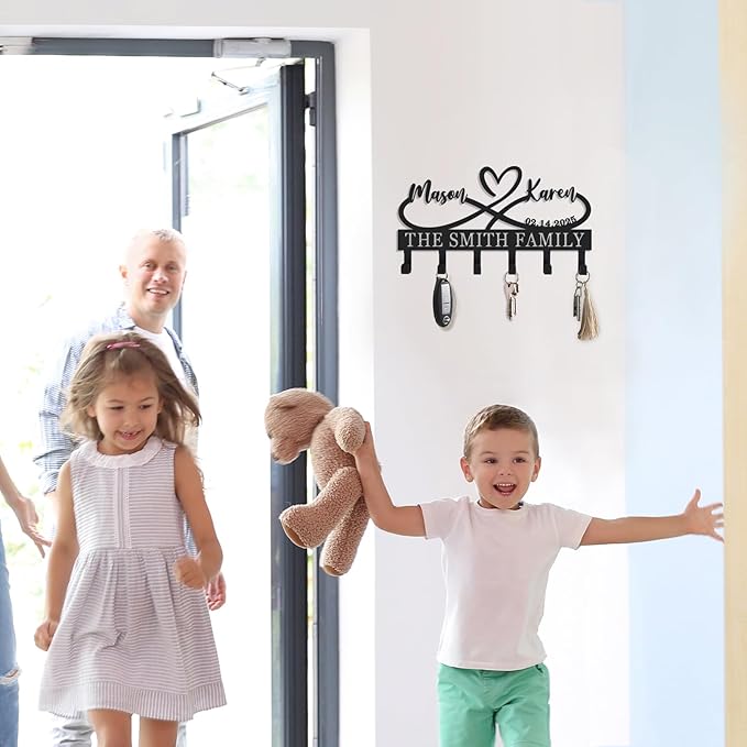 Personalized Metal Key Holder for Wall, Custom Infinity Heart Key Rack with Hooks, Wall Mounted Key and Coat Organizer for Entryway Bedroom, Housewarming & Wedding Gift (Design9)