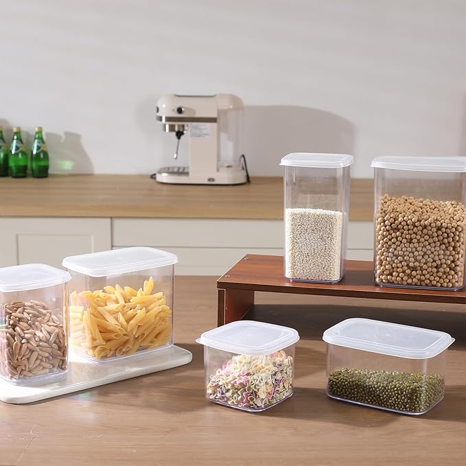 novelinks Clear Plastic Jars with Lids, Reusable Empty Square Storage Containers for Household and Kitchen Organizing (12 Pack Medium)