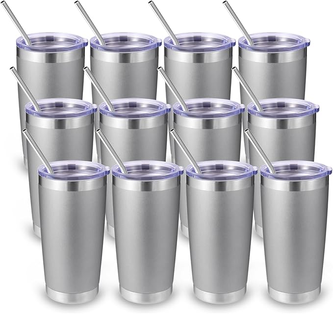 Volhoply 20oz Stainless Steel Tumbler with Lid and Straw Bulk 12 Pack,Double Wall Insulated Travel Iced Coffee Mug Fits Cup Holder,Powder Coated Cups for Hot/Cold Drinks,Christmas Gifts（Gray,12 Set）
