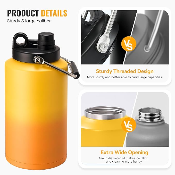 Kerilyn Insulated Gallon Jug with Handle, One Gallon, 128oz Stainless Steel, Large Double Vacuum Water Bottle for Hot & Cold Drinks, Wide Mouth, Sweat Proof, Great for Travel, Camping, Orange