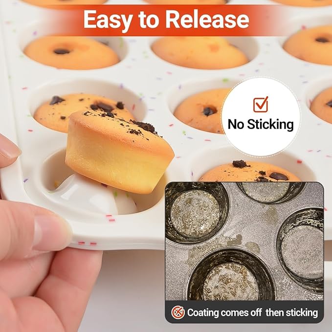 CAKETIME Metal Reinforced Frame Silicone Cupcake Pans-24 Cups 2Pcs & 4 Inch Metal Frame Round Egg Baking Pan 2Pcs