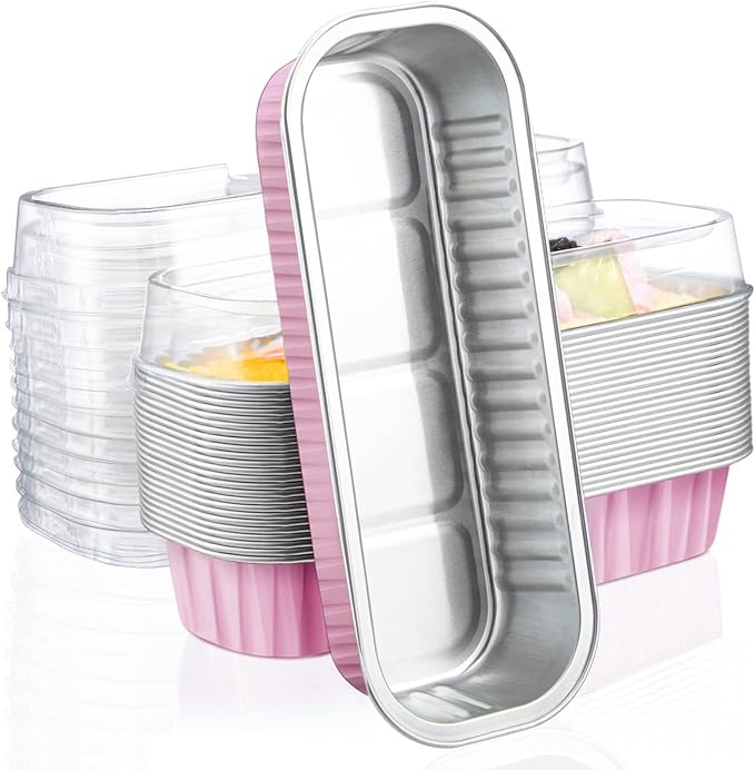 EUSOAR Cupcake Liners with Lids, 25pcs 6.8oz 6.5"x2.5"x1.2" Pink Aluminum Mini Loaf Pans with Lids, Foil Ramekins Pan Tin with Lids，Cupcake Baking Cups Containers, Dessert Cheesecake Pan