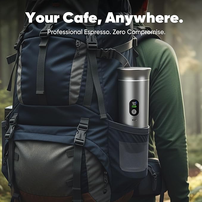 Portable 3-in-1 Espresso Coffee Maker, Self-Heating & Rechargeable with Smart Display — Works with Ground Coffee, Small & Large Capsules; Travel & Camping Mini Machine, 20-Bar Extraction, 80 ml Cup
