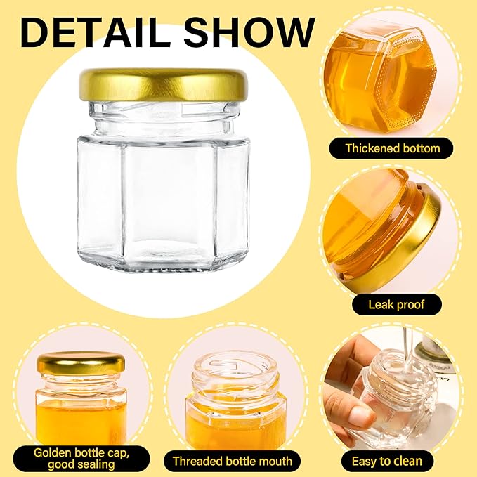 GIVAMEIHF Mini Glass Honey jars with Lids-1.5oz,48 pack Honey Jars,Small Honey Jar with Dipper,Thank You Tags,Jutes Rope,Empty Glass Jars for Jams,Baby Shower, Wedding Favors, Party Favors