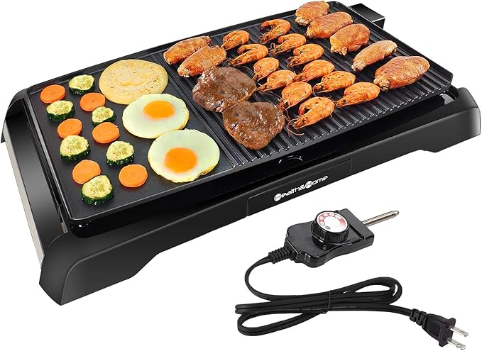 Health and Home 2-in-1 Nonstick Indoor Smokeless Electric Griddle ,21 Inch Extra Large Surface With Slide-Out Drip Tray Oil Collection ,Adjustable 5-Level Thermostat,Family Size Electric Griddle