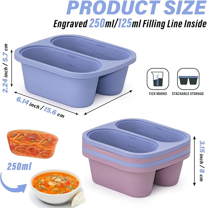 Mossime Silicone Soup Freezer Molds: 1 Cup Silicone Freezer Trays with Lid - 4 Packs Easy Release Soup Freezer Containers - 250ml 125ml Portion Large Cubes for Ice Soup (2, Blue/Purple)