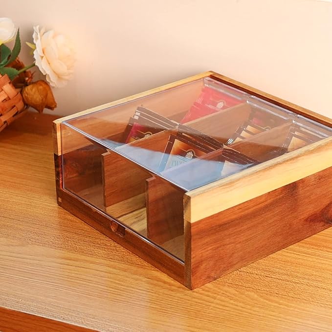 HTB Acacia Wood Tea Bag Organizer Storage, Gift Box 6 Compartments Tea Chest Box with Acrylic Transparent Hinged Lid