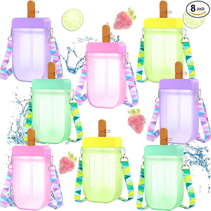 Patelai 8 Pcs 10oz Cute Water Bottles with Straw Kawaii Ice Cream Cups Leak Proof Drinking Bottles with Adjustable Shoulder Strap for Sports Travel Camping(Cute Style)