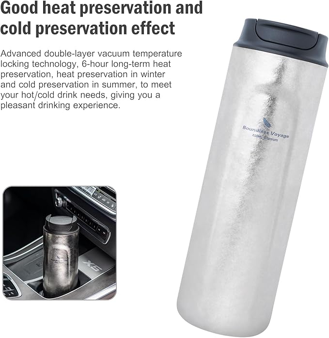 iBasingo 450ml Titanium French Press Coffee Flask Double-Walled Insulated Vacuum Cup Portable Water Bottle Outdoor Traveling Car Mug with Lid Ti3255D