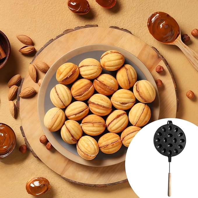 16-Cavity Nonstick Walnut Cookie Maker, Oreshi Mold with Long Wooden Handle, Russian Oreshki Baking Iron, Aluminum Alloy Dessert Pan