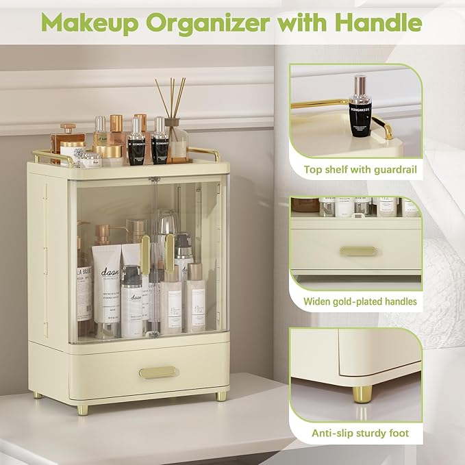 Webetop Cosmetic Organizer Countertop, Makeup Storage Organizers with Drawers & Magnetic Doors, 15.3" Tall Skincare Organizer for Vanity, Bathroom Counter, Dresser, Dustproof Make up Organizer