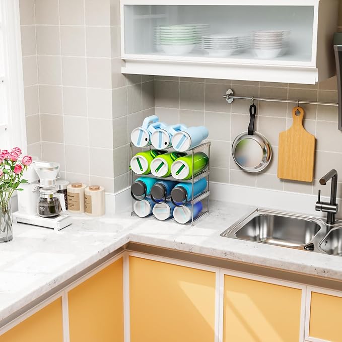 Yieach Larger Compartments Stackable Water Bottle Organizer for 40 oz Stanley Cup Holder,Yeti and Other Tumbler Organizer,4 Tier Wine Rack and Waterbottle Storage Rack for Kitchen Cabinets,Countertop