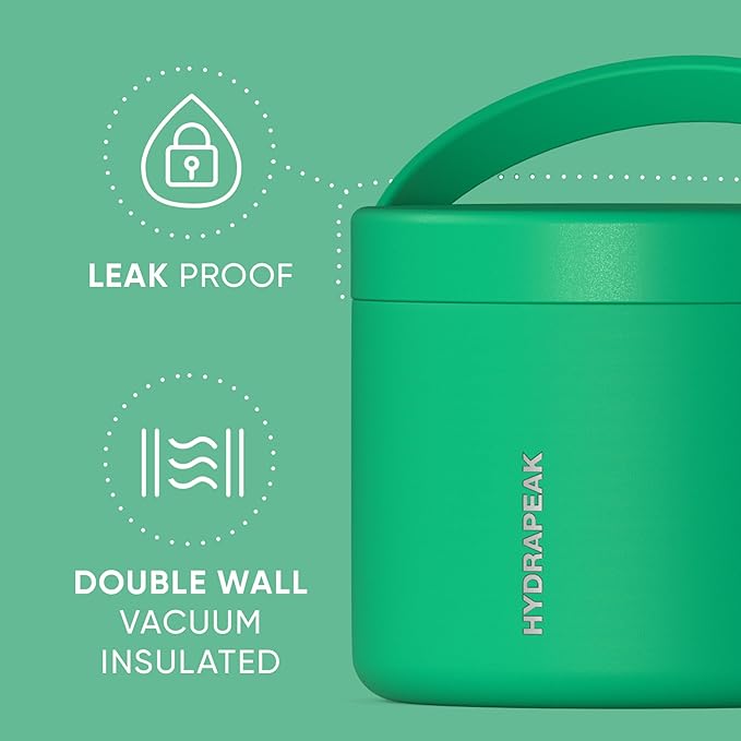 Hydrapeak 18oz Stainless Steel Vacuum Insulated Food Jar | Hot Food and Cold Food, Wide Mouth Leak-Proof Soup for Adults, 10 Hours Hot and 16 Hours Cold (Jade)