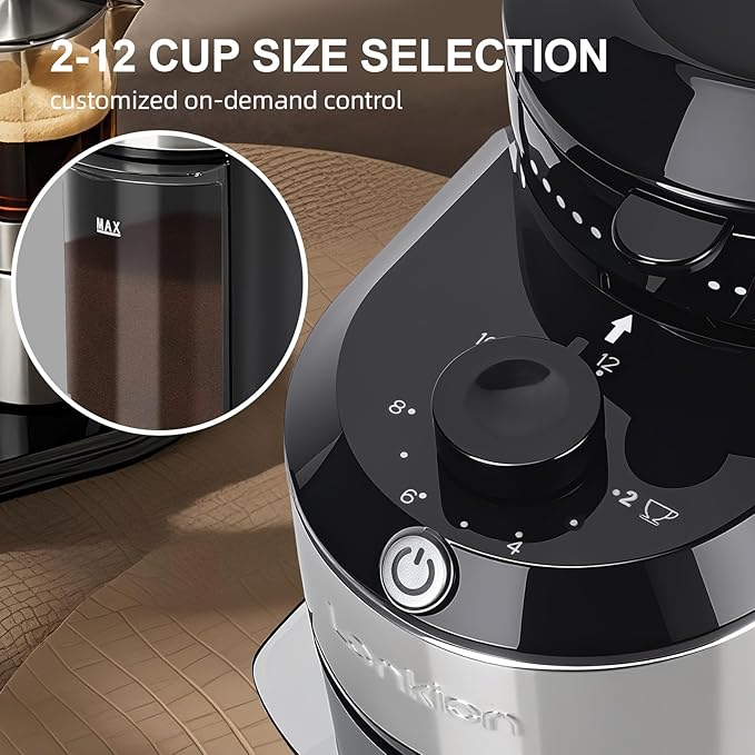 Lonkion Burr Coffee Grinder - Electric Coffee Bean Grinder with 28 Adjustable Grind Settings For 2-12 Cups - Adjustable Coffee Grinders for Home Use - Easy to Use - Stainless Steel