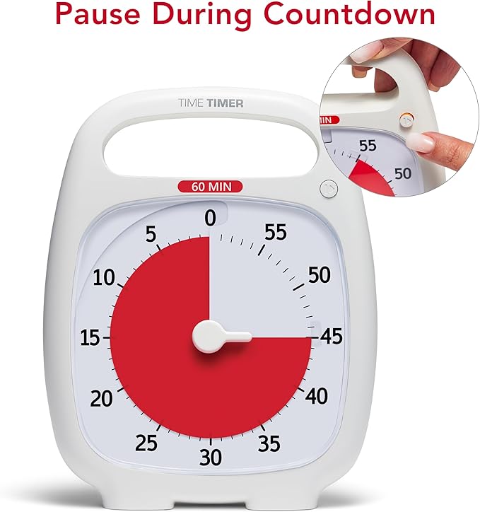 Time Timer Plus 60 Minute Desk Visual Timer — Countdown Timer with Portable Handle for Classroom, Office, Homeschooling, Study Tool with Silent Operation (White)