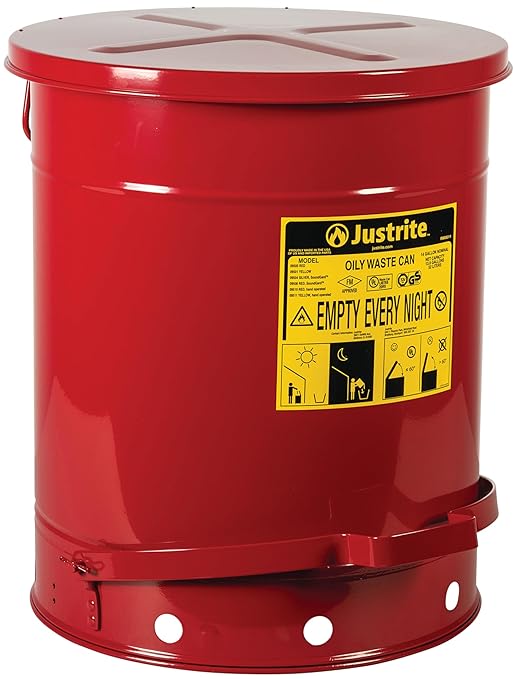 Justrite 14 Gallon Galvanized Steel Oily Waste Can, 20" x 16" Metal Oil Rag Safety Can with Quiet Foot Operated Self-Closing Lid for Oil Rag Disposal, Made in The USA, Red, 09508