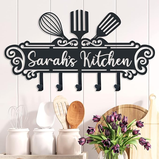 Personalized Kitchen Wall Decor，Custom Kitchen Hooks for Utensils, Personalized Kitchen Utensil Rack, Custom Metal Kitchen Hooks for Mothers Day Gifts, Grandmother's gift.