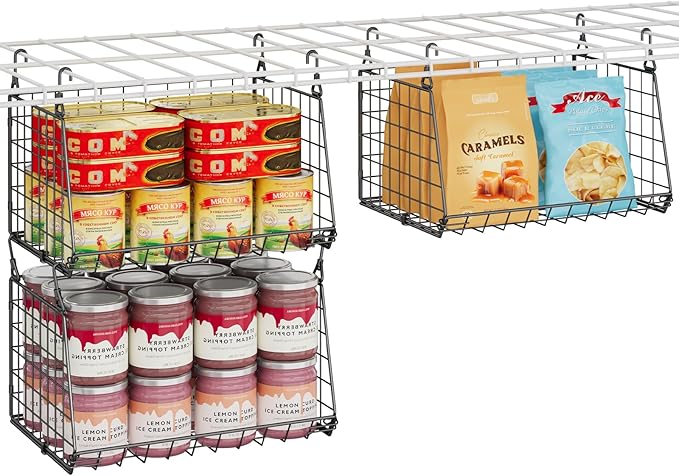 Jsskeeim 3-Pack Under Shelf Hanging Baskets - Space Saving Pantry Shelf Organizer with 360° Rotating Hooks for Kitchen Storage, Foldable Small Space Solutions for Pantry Utility Closet Garage, Black