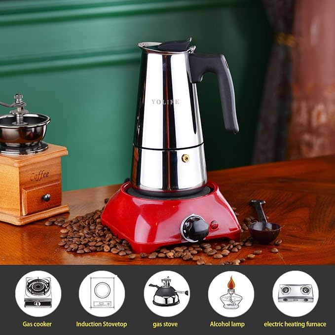 YOLIFE Stovetop Espresso Maker, Small Italian Moka Pot, Cafe Maker for Coffee, Cappuccino and Latte, Stainless Steel, 450 ml / 16 oz/ 9 Espresso Cups (per cup= 50 ml)