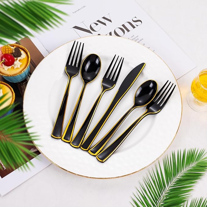 WDF 180 Pieces Black and Gold Plastic Silverware -Halloween Black Plastic Cutlery Incluede 60 Forks 60 Knives 60 Spoons Heavy Duty Disposable Flatware - Gold Utensils for New Year/Party/Daily Use