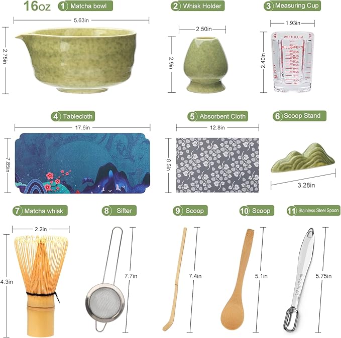 Matcha Whisk Set,11Pcs Matcha Set,Matcha Kit,Whisk Made from 100% Natural Bamboo, 11-component set for all your matcha-making needs,Contains stainless steel spoon, measuring cup(green)