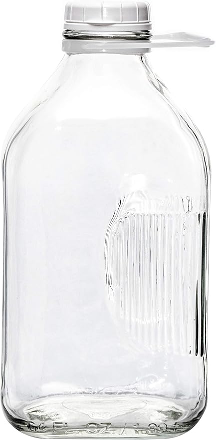 The Dairy Shoppe Glass Milk Bottle, Heavy Glass with 48 mm Extra Lid, Creamery Style (64 oz/4 pk, Half Gallon)