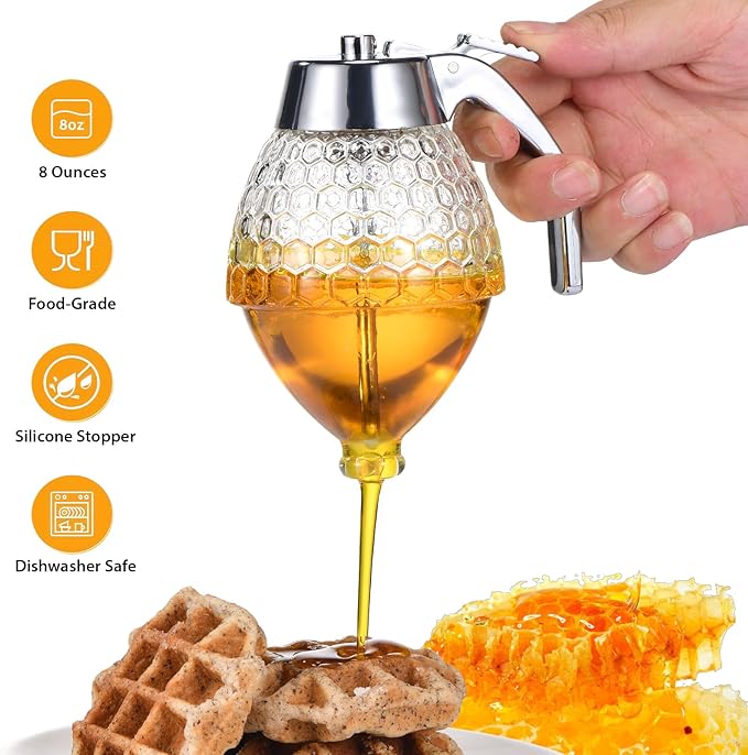 Glass Honey Dispenser 8 Ounces - Drip-Free Honey Jar With Glass Stand, Kitchen Leak-Proof Syrup Dispenser, Elegant Honeycomb Design For Storing Honey, Maple Syrup And Coffee Syrup