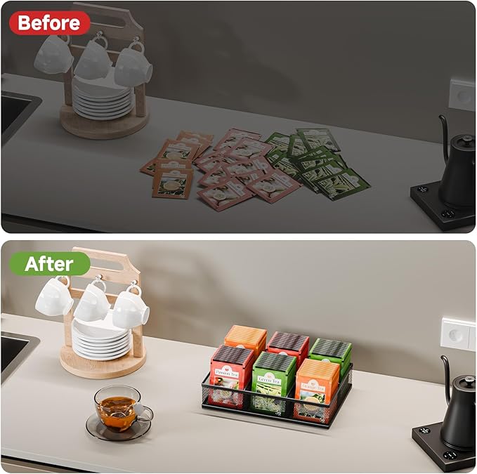 Tea Bag Organizer 6 Grids. Mesh Tea Bag Holder with Handle, Teabag Holder, Tea Station Organizer for Countertop, Pantry, Kitchen, Cabinet - Black