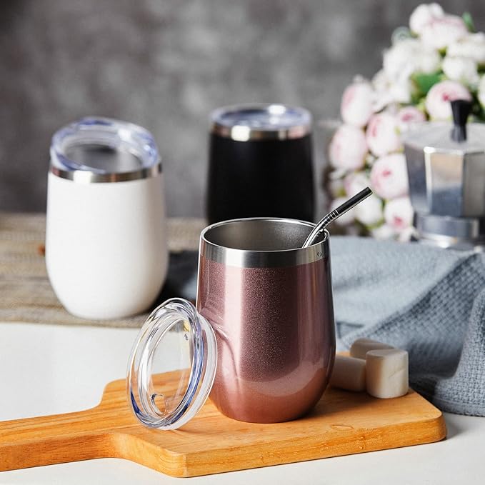 COMOOO Stainless Steel Wine Tumbler with Lid and Straw 12oz Double Wall Vacuum Insulated Travel Tumbler Cup for Coffee, Wine, Cocktails, Champagne (Black White Silver and Rose Gold,8 Pack)