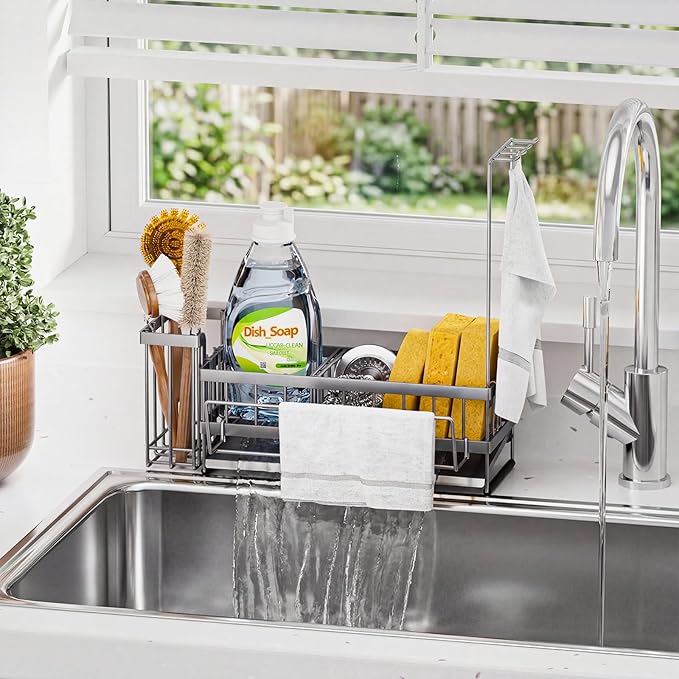 Sponge Holder for Kitchen Sink – Rustproof Stainless Steel with Detachable Drainboard, Brush Rack & Towel Bar | Compact, Non-Slip Design for Countertop Bathroom