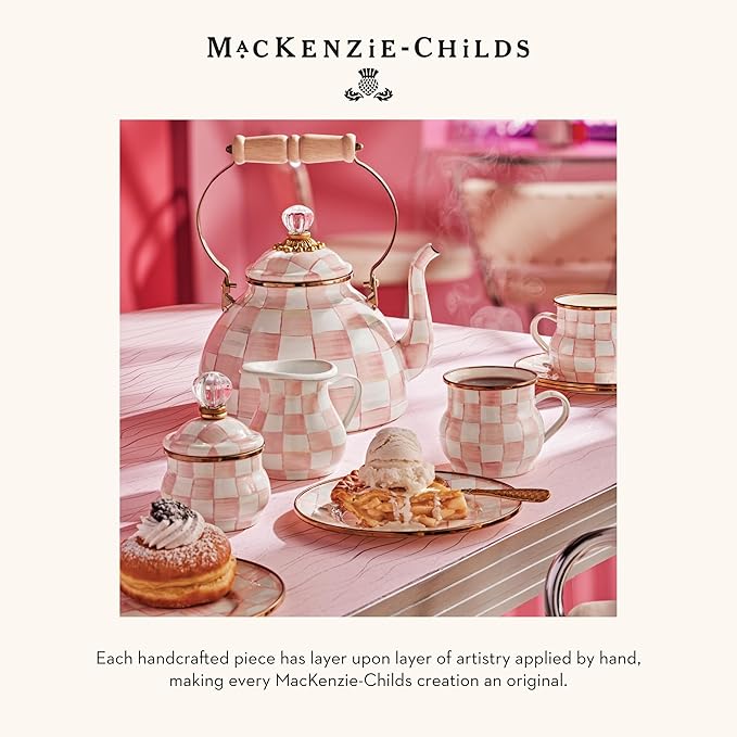 MACKENZIE-CHILDS Enamel Creamer and Sugar-Bowl Set, Cream Dispenser and Sugar Holder, Unique Kitchen Decor, Pink-and-White Rosy Check