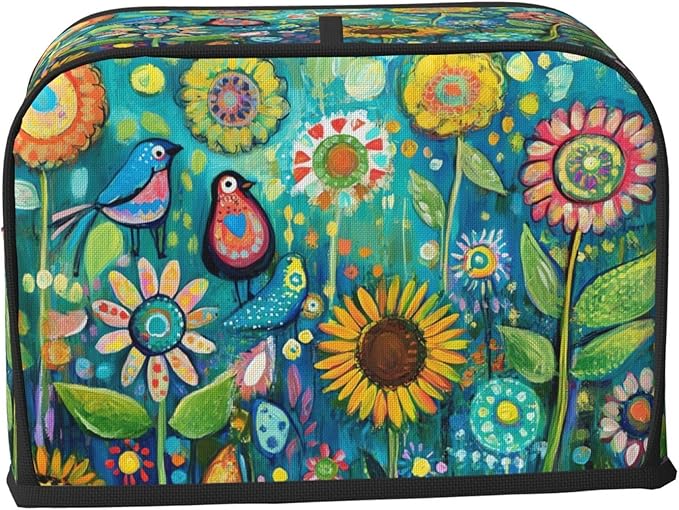 Folk Art Birds Flower Toaster Cover 2 Slice, Cute Country Bread Machine Cover, Washable Toaster Kitchen Small Appliance Cover Stain Resistant,with Top Handle