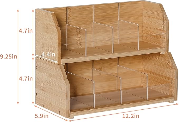 TIOPGHAD 2-Layer Stackable Bamboo Tea Bag Organizer Storage Holder & Rack - Wooden Tea Box Containers - Stand for Countertop or Cabinet