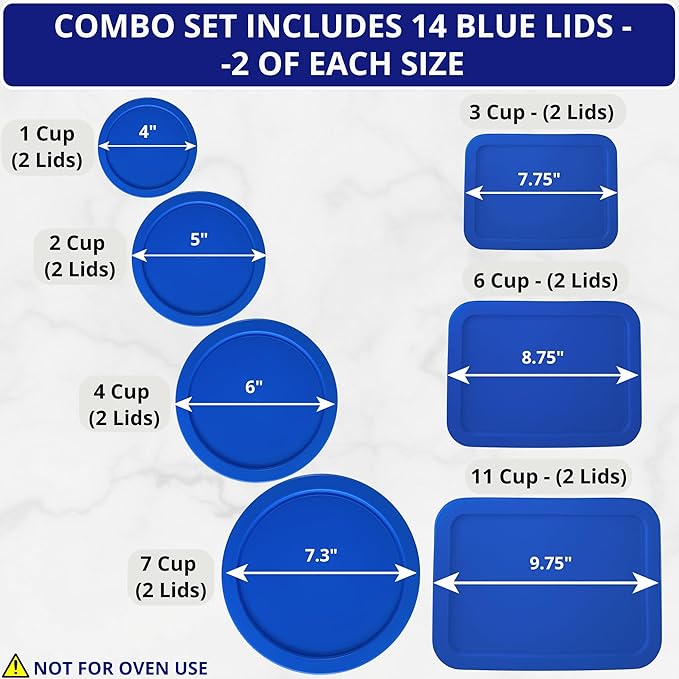 1, 2, 4 & 7 Cup Blue Round & 3, 6, 11 Cup Blue Rectangle Replacement Lids/Covers for Pyrex, Anchor Hocking & KlareWare Storage Bowls *Lids Only -Glass Container Not Included*, 14 Pack *2 of Each Size*
