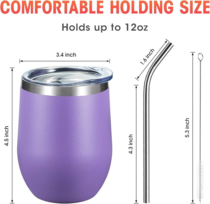 COMOOO Stainless Steel Wine Tumbler Glass Bulk with Lid and Straw 12oz Double Wall Vacuum Insulated Travel Tumbler Cup Stemless for Coffee Wine Cocktails Ice Cream Cup, Light Purple, 12 pack