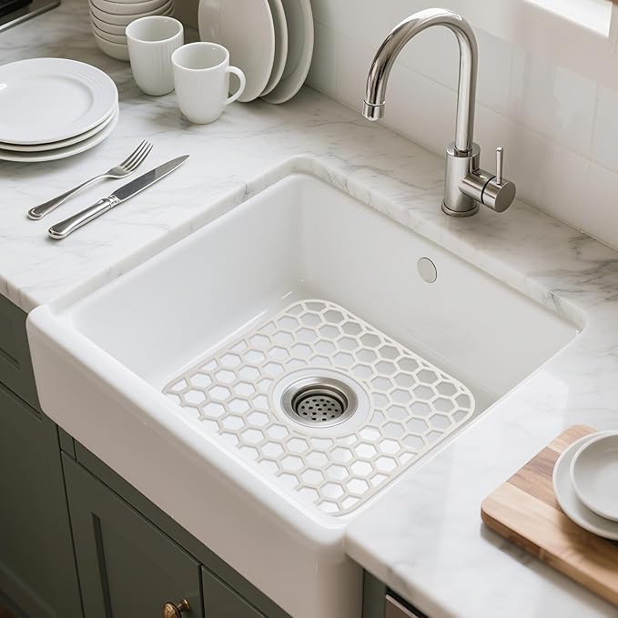 Bestjing Silicone Sink Protectors for Kitchen Sink - 12" x 11" Kitchen Grid Accessory, Non-Slip Heat-Resistant Mat for Bottom of Porcelain Stainless Steel, Dishwasher Safe (White)