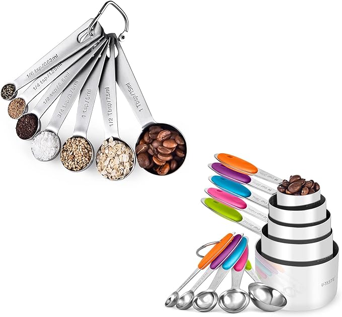 U-Taste 18/8 Stainless Steel Measuring Spoons Set for Dry and Liquid Ingredients(Set of 7), and Upgraded Measuring Cups and Spoons Set of 10 with Reinforced Welded Handle (Color)