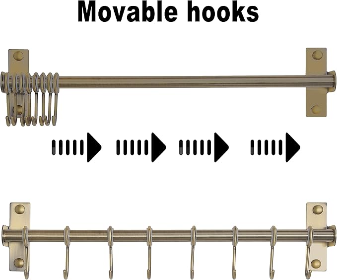Dseap Kitchen Utensil Holder Hanger, Pot and Pan Rack Wall Mount, Kitchen Rail with 8 Hooks for Hanging Cooking Utensils, Mugs, Spoons, Wall Mounted, Stainless Steel, Bronze