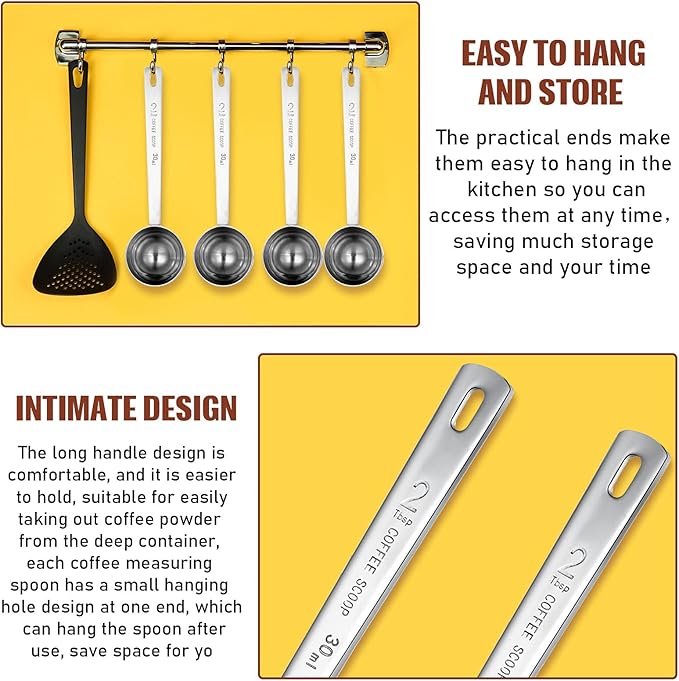 Geiserailie 4 Pcs 2 Tablespoon Scoops with Long Handle, 30 ml Stainless Steel Measuring Spoon for Coffee Milk Fruit Powder, Loose Tea Dry, Spice Jar, Cooking Baking, and Other Dry Goods