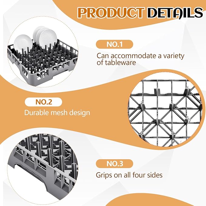 1 Pack Commercial Dishwasher Tray Rack Polypropylene Full Size Flatware Rack for Bowls Plates Knives Forks Cups (Peg Dish,Gray)