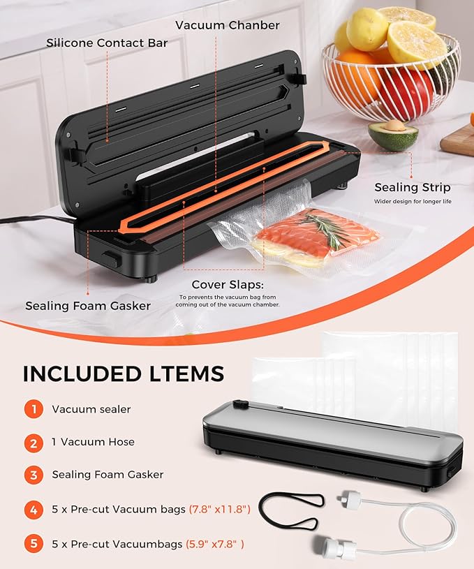 Vacuum Sealer Machine 75Kpa Precision Suction Power 6-in-1 Food Sealer with Digital Timer, Dry & Moist Food Modes, Compact Design with 10 Vacuum Bags & Built-in Cutter(Sliver)